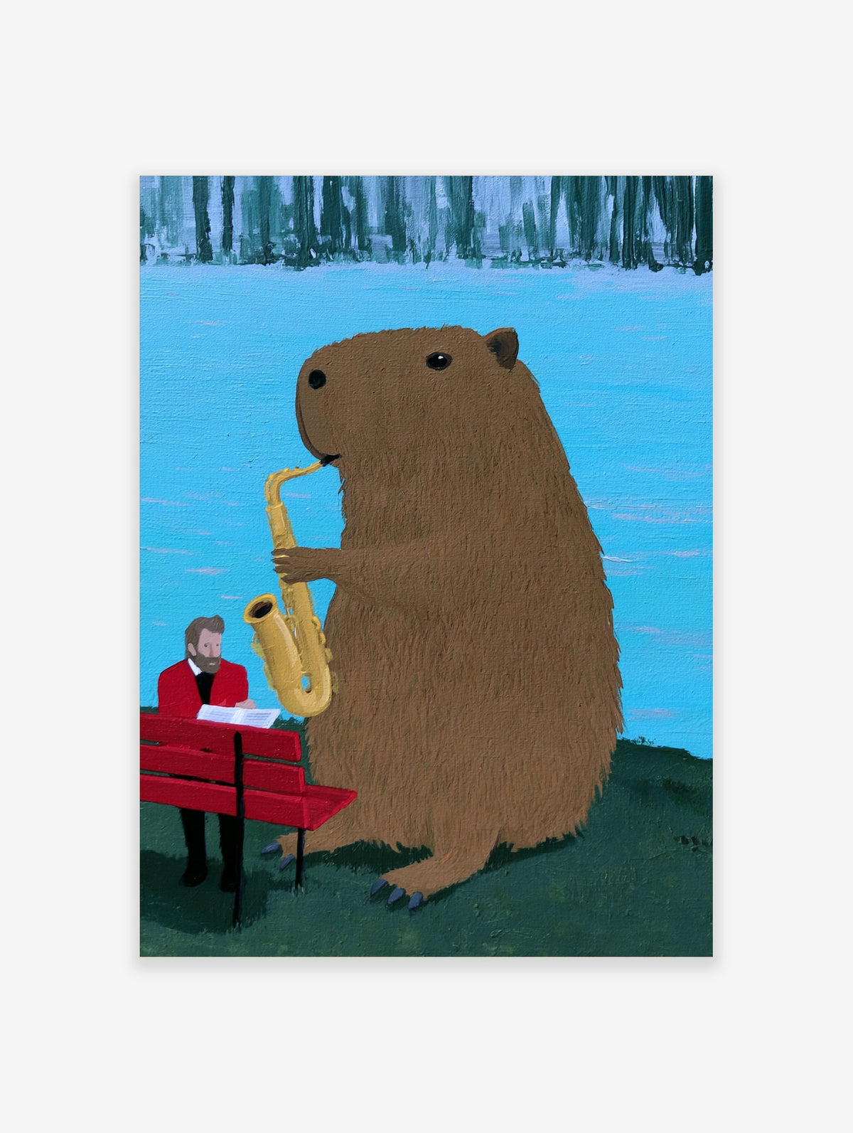 Capybara playing a saxophone next to a man in a red suit on a bench, illustrative art print