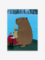Capybara playing a saxophone next to a man in a red suit on a bench, illustrative art print