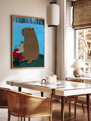 Capybara playing a saxophone next to a man in a red suit on a bench, illustrative art print, in a styled room mockup