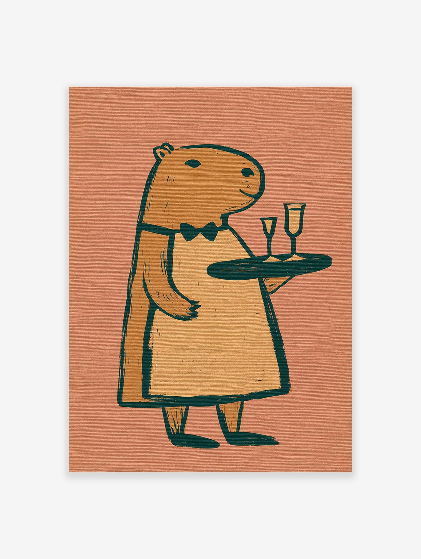 Illustration of a capybara waiter wearing a bow tie and apron, holding a tray with two glasses, on a textured peach