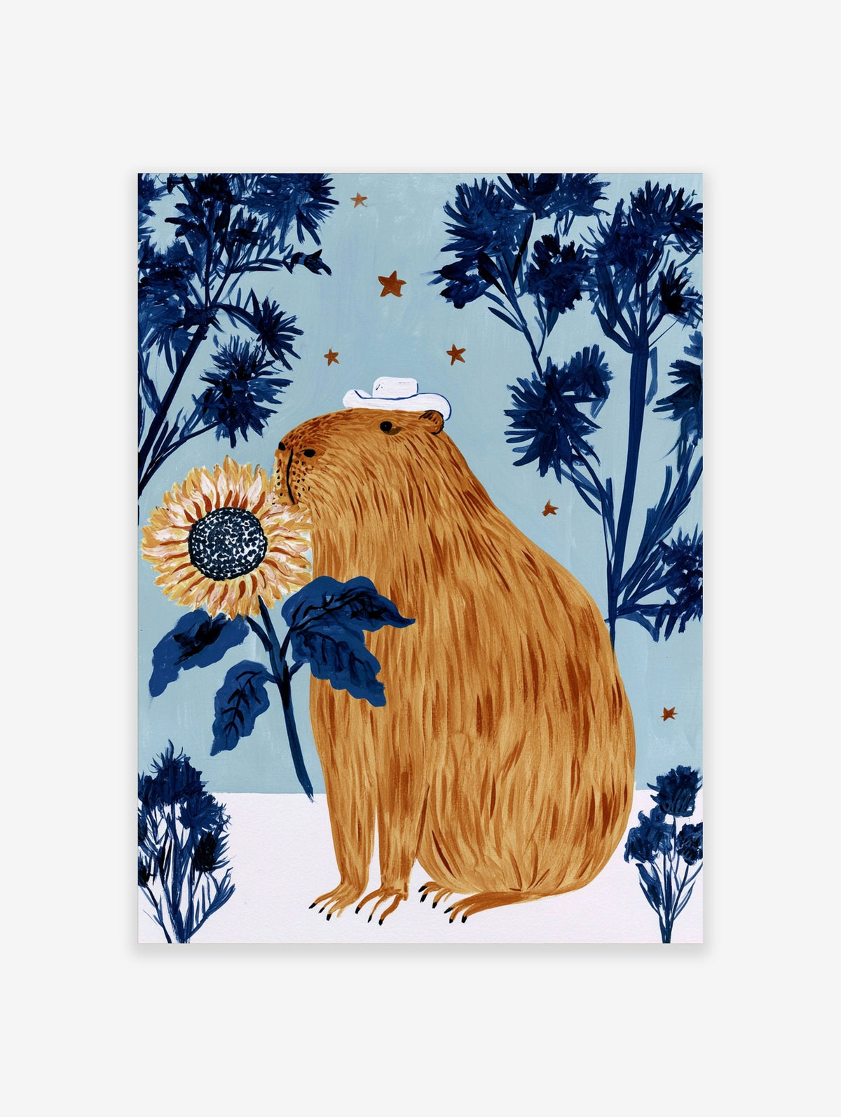 Capybara in a white hat beside a sunflower with navy foliage and stars on a pale blue background