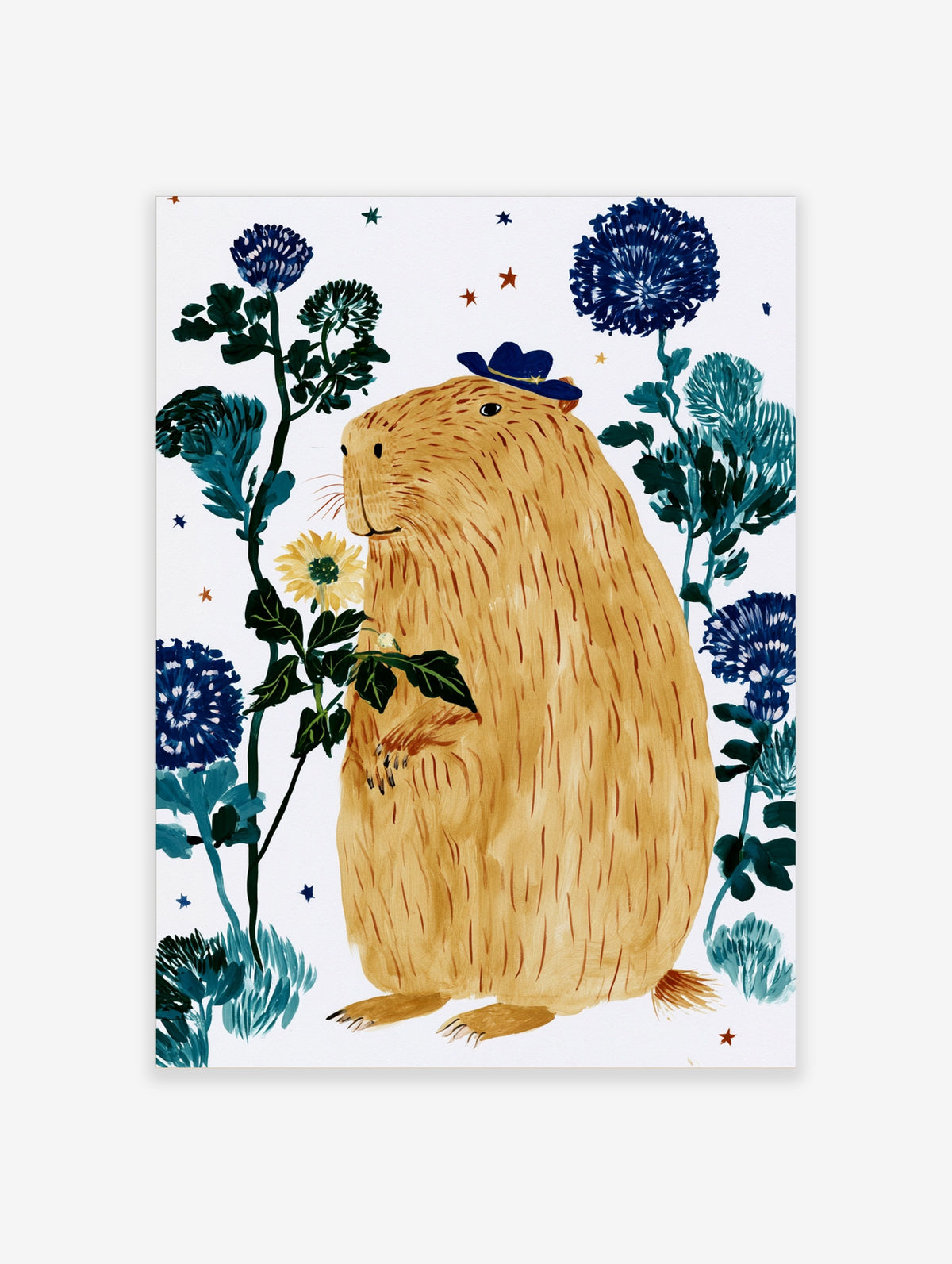 Capybara in navy hat with yellow flower and blue blooms on white background art print
