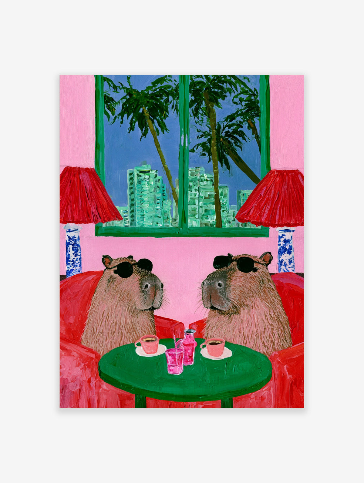 Capybara poster of two capybaras in sunglasses at a green table with pink drinks and a window view of palm trees