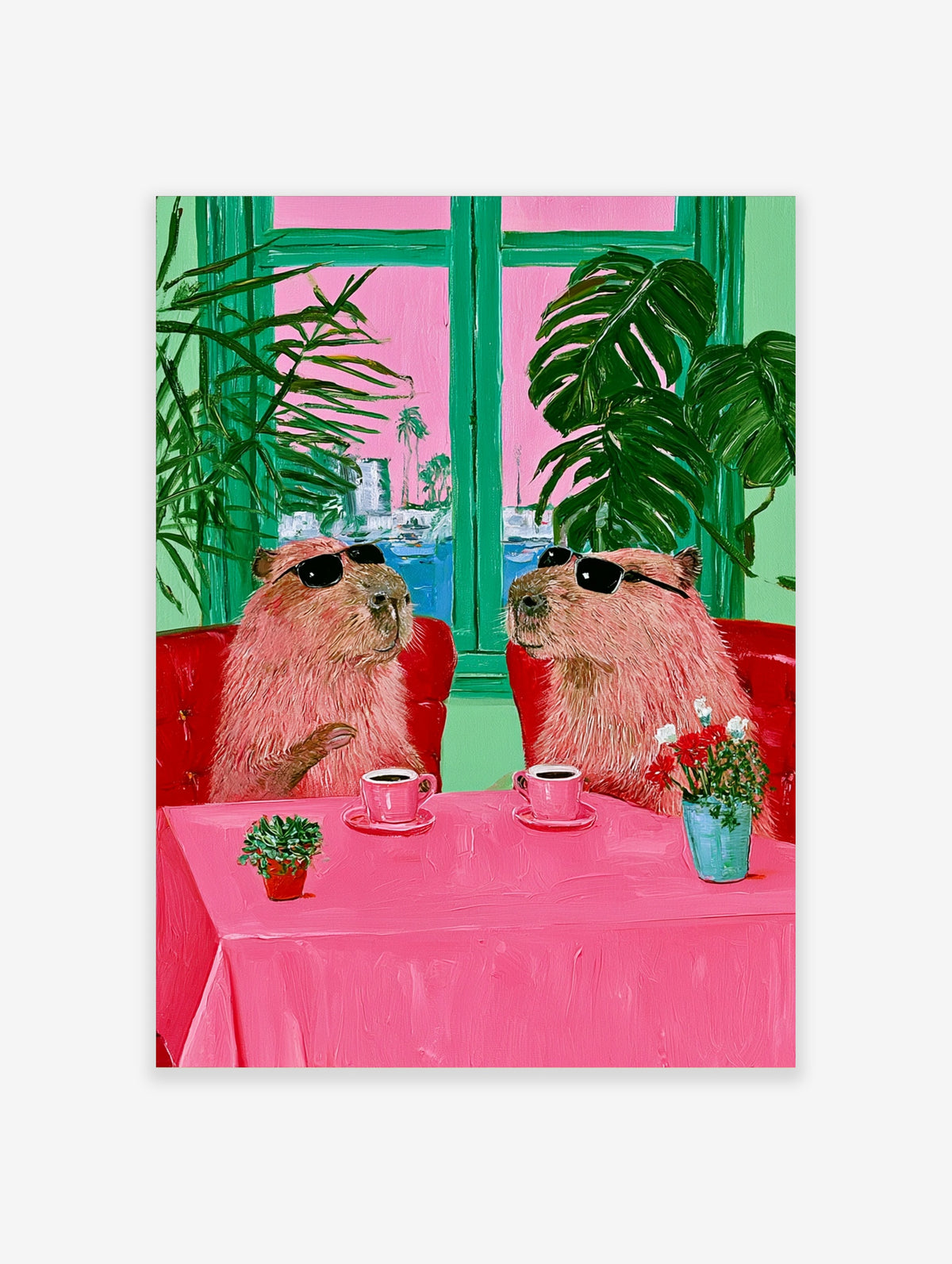 Two capybaras in sunglasses at a pink cafe table with coffee cups, green window and plants