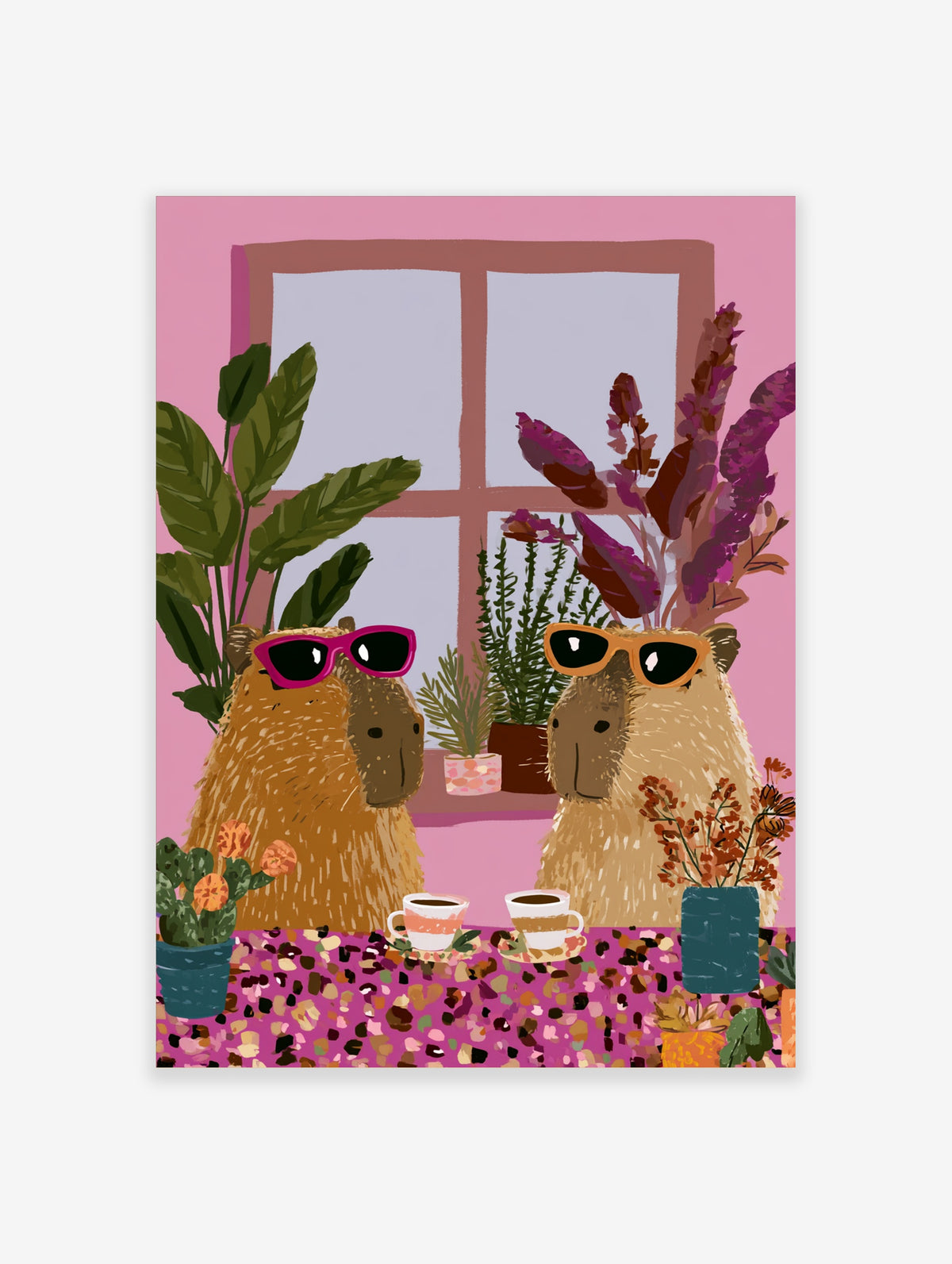Pink capybara art print with two capybaras in sunglasses at a table with coffee and plants