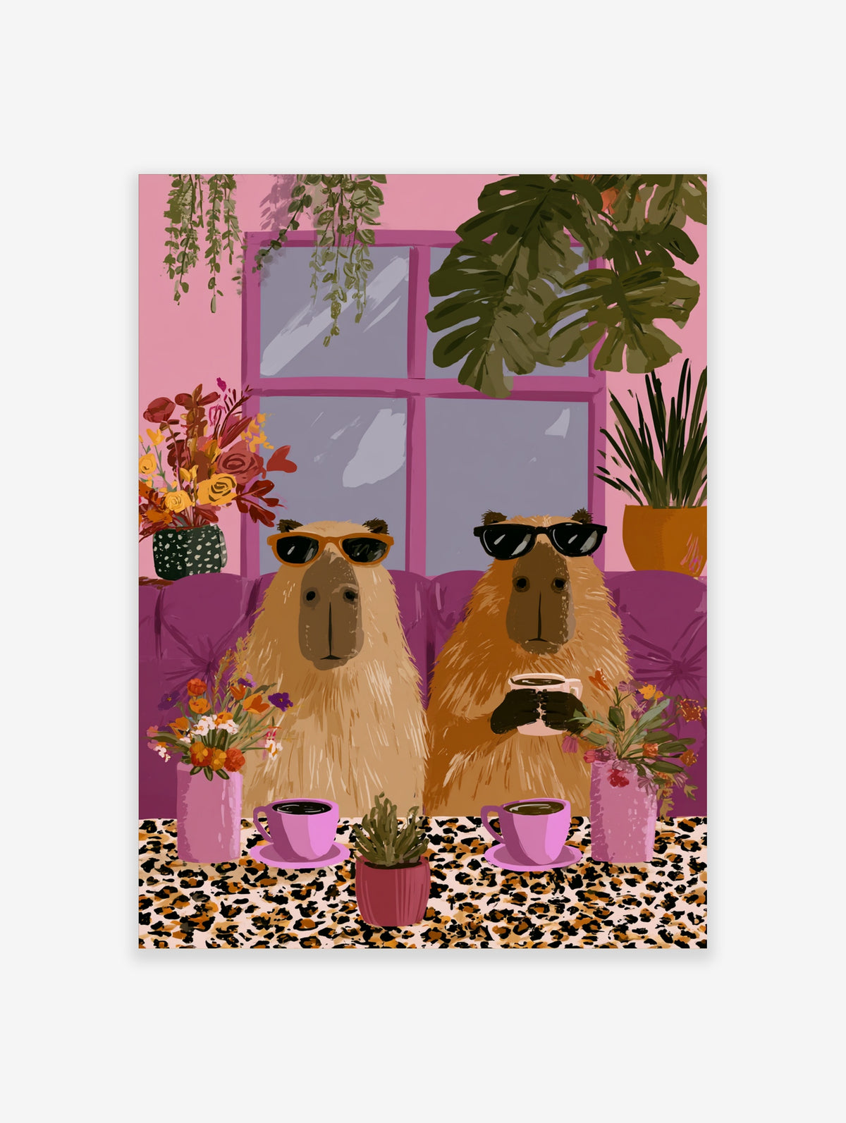 Pink capybara poster with two capybaras in sunglasses on a purple sofa, coffee cups and flowers