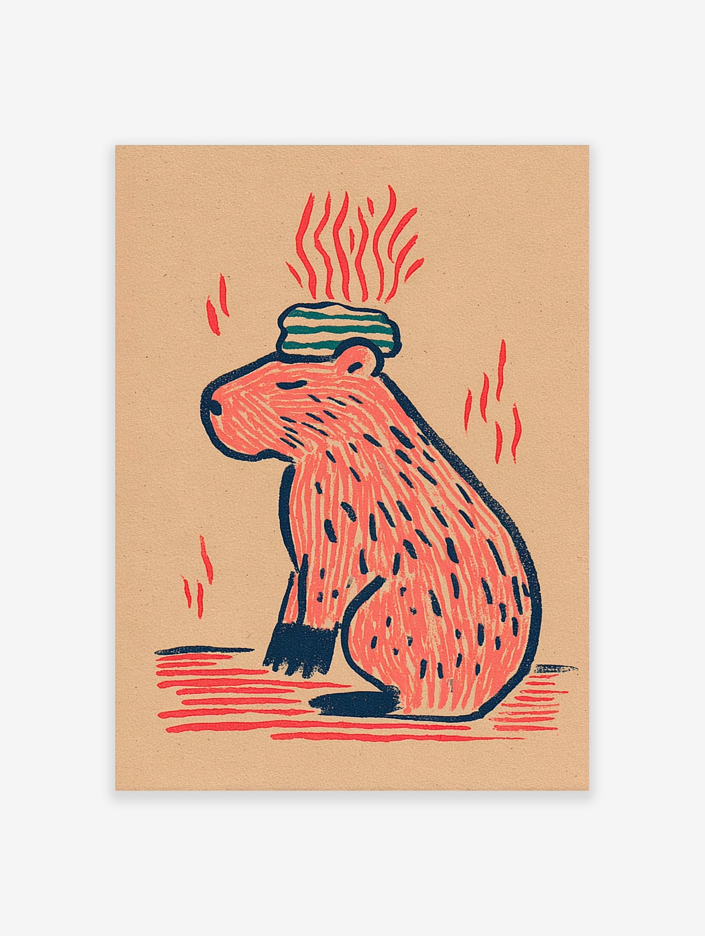 Capybara wearing striped onsen hat with red steam lines, coral and navy illustration on beige background