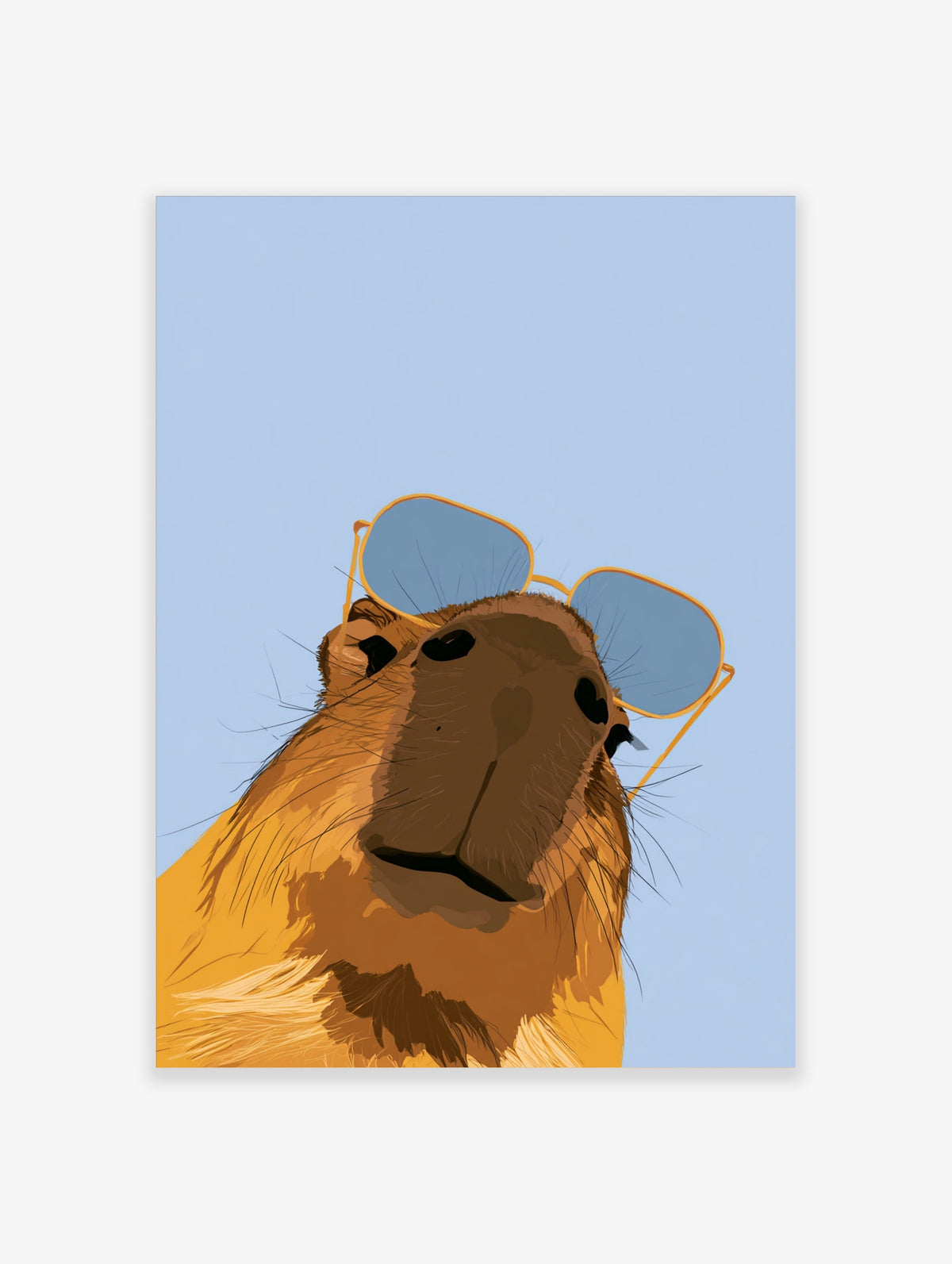Stylised capybara illustration wearing blue-tinted sunglasses against a light blue background
