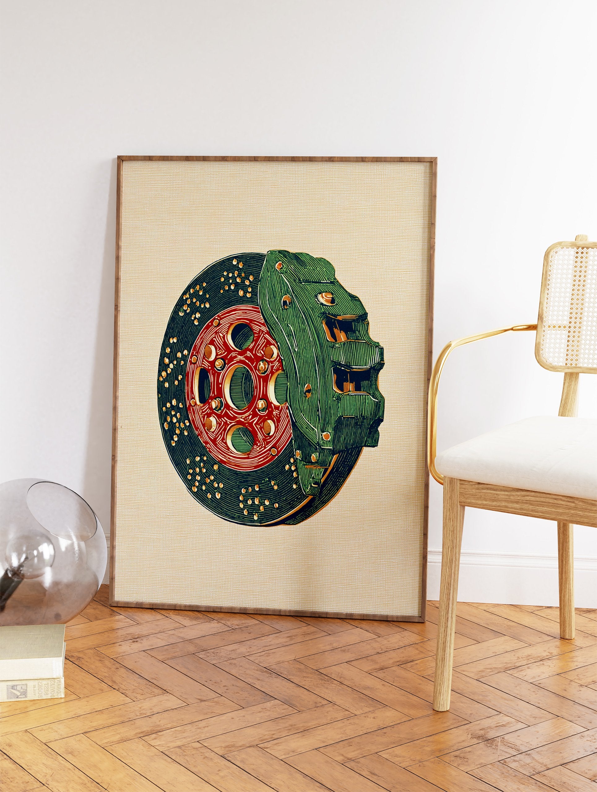 Detailed illustration of a green car brake caliper and red disc on a textured beige background, automotive art print. - Image 2