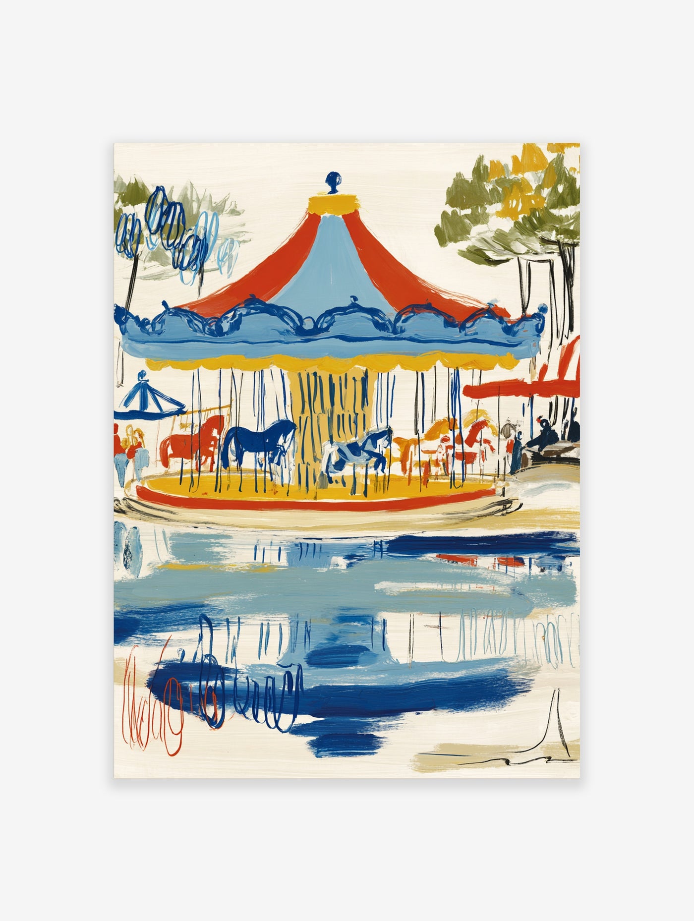 Colourful carousel art print with blue and red horses, striped canopy, and reflection in water