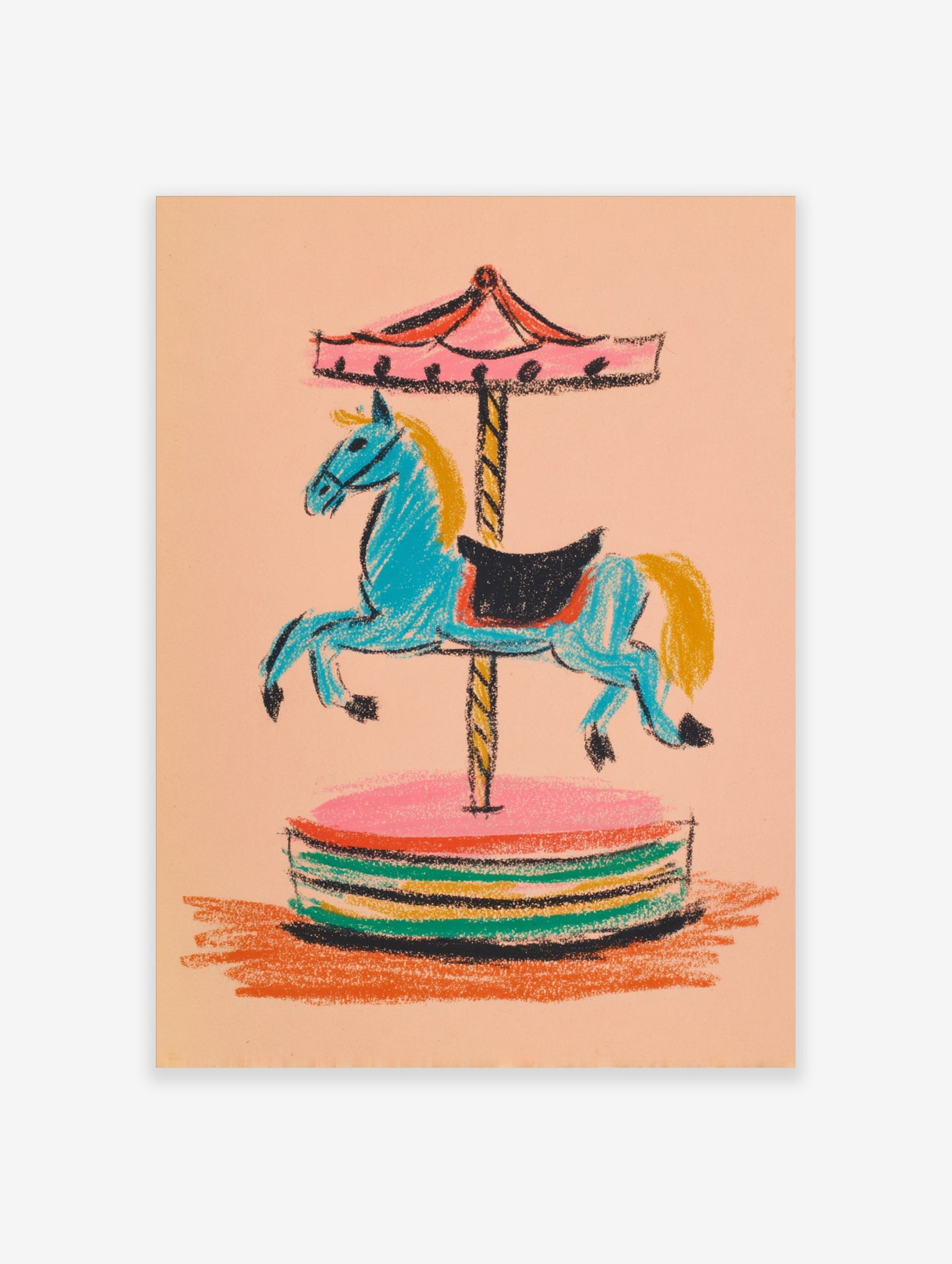 Blue carousel horse with yellow mane and pink canopy, crayon style art print