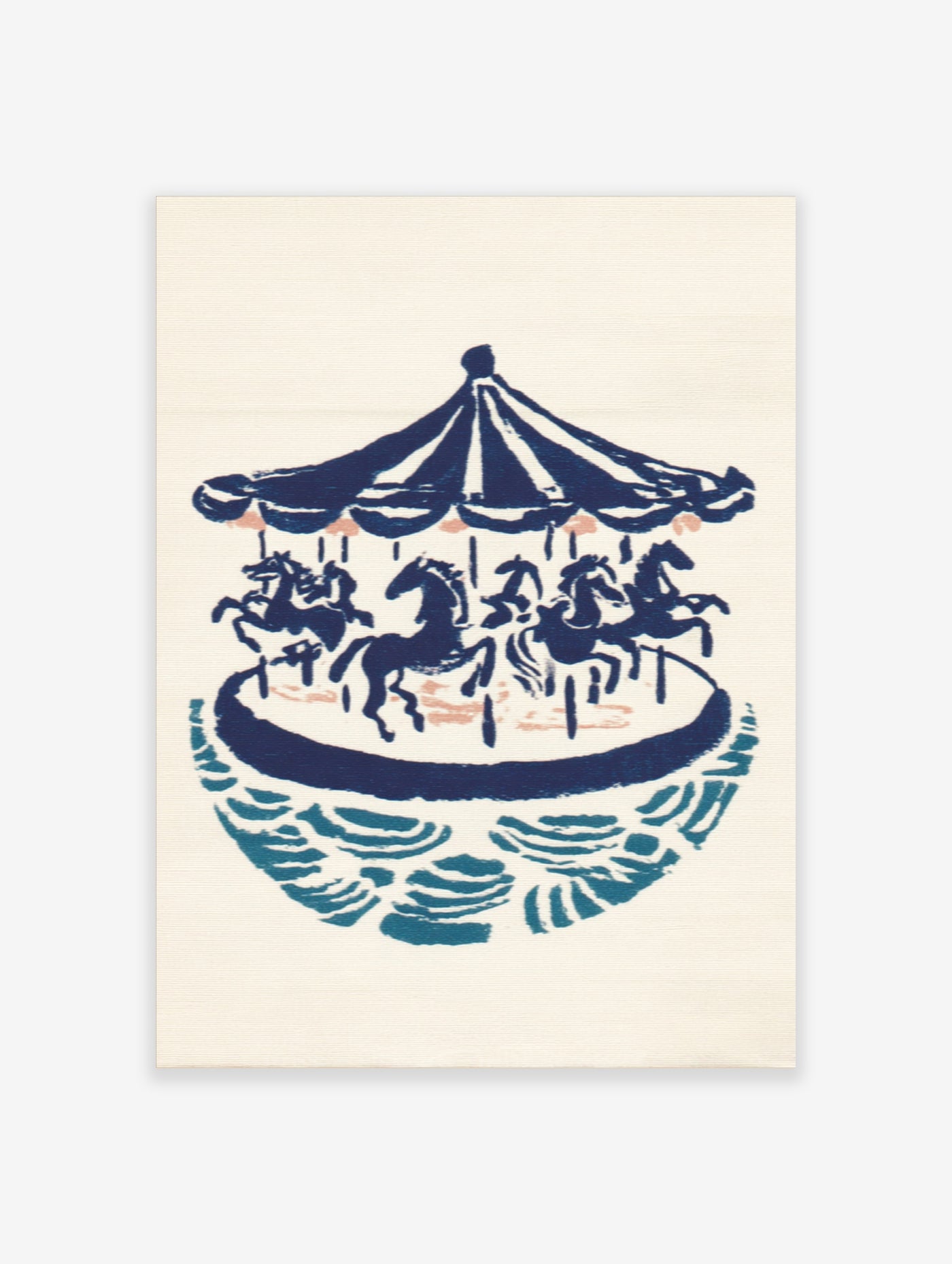 Navy blue carousel horse illustration with teal base and pink accents on cream background