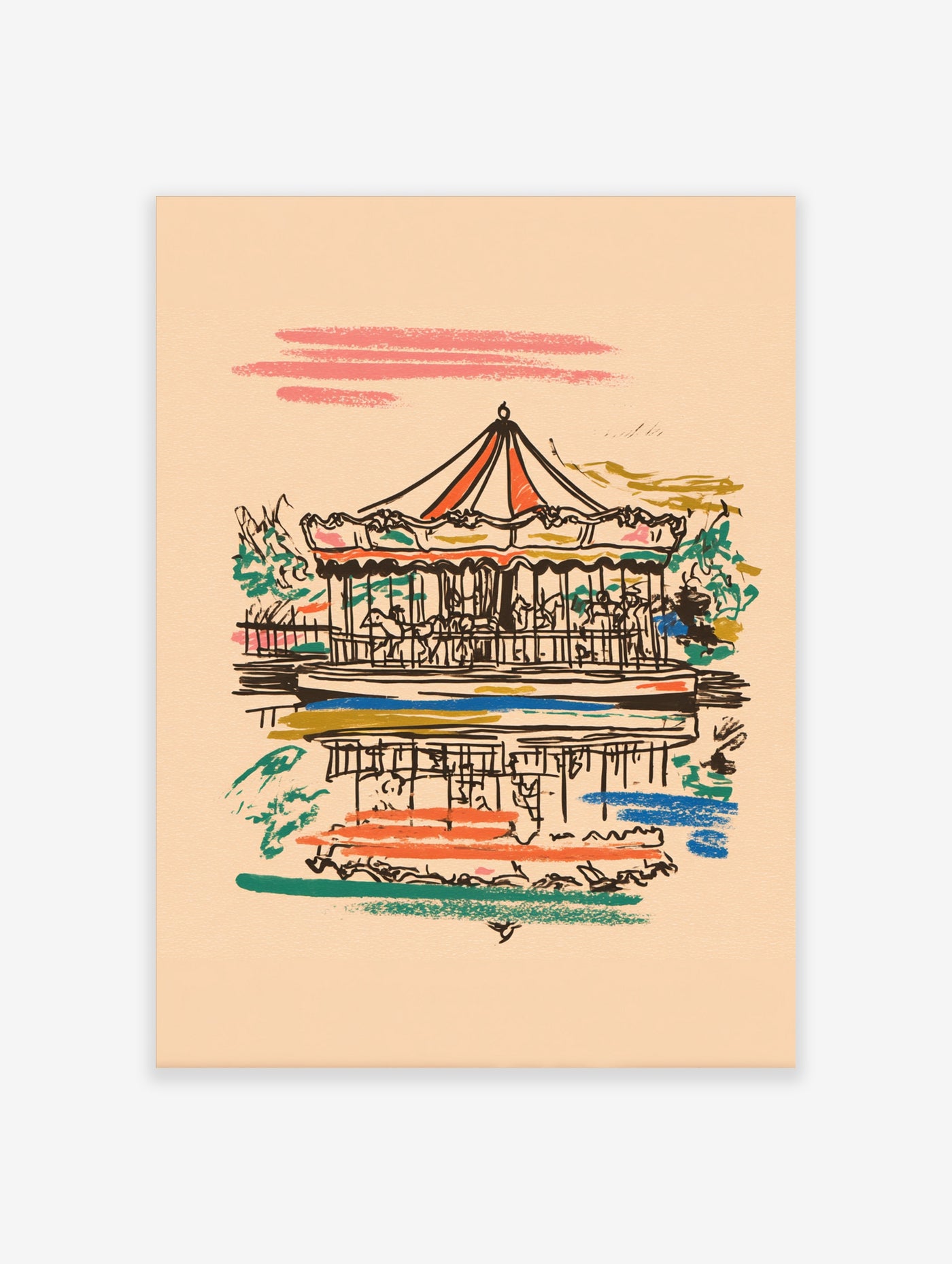 Carousel sketch art print with red striped roof, green foliage, blue water, on cream background