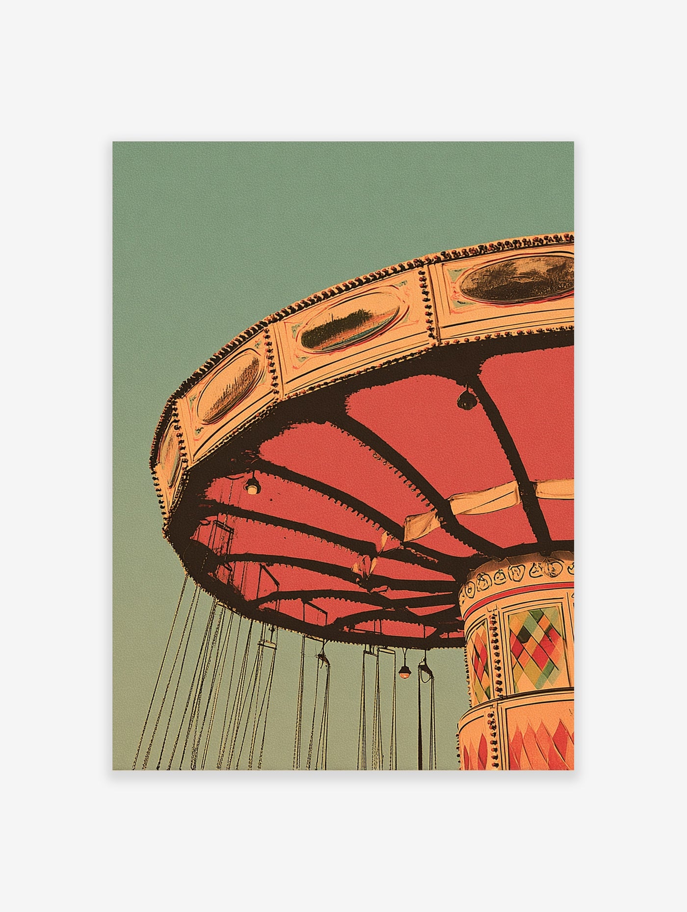 Vintage carousel swing ride poster with red canopy, cream panels, hanging chains, teal sky