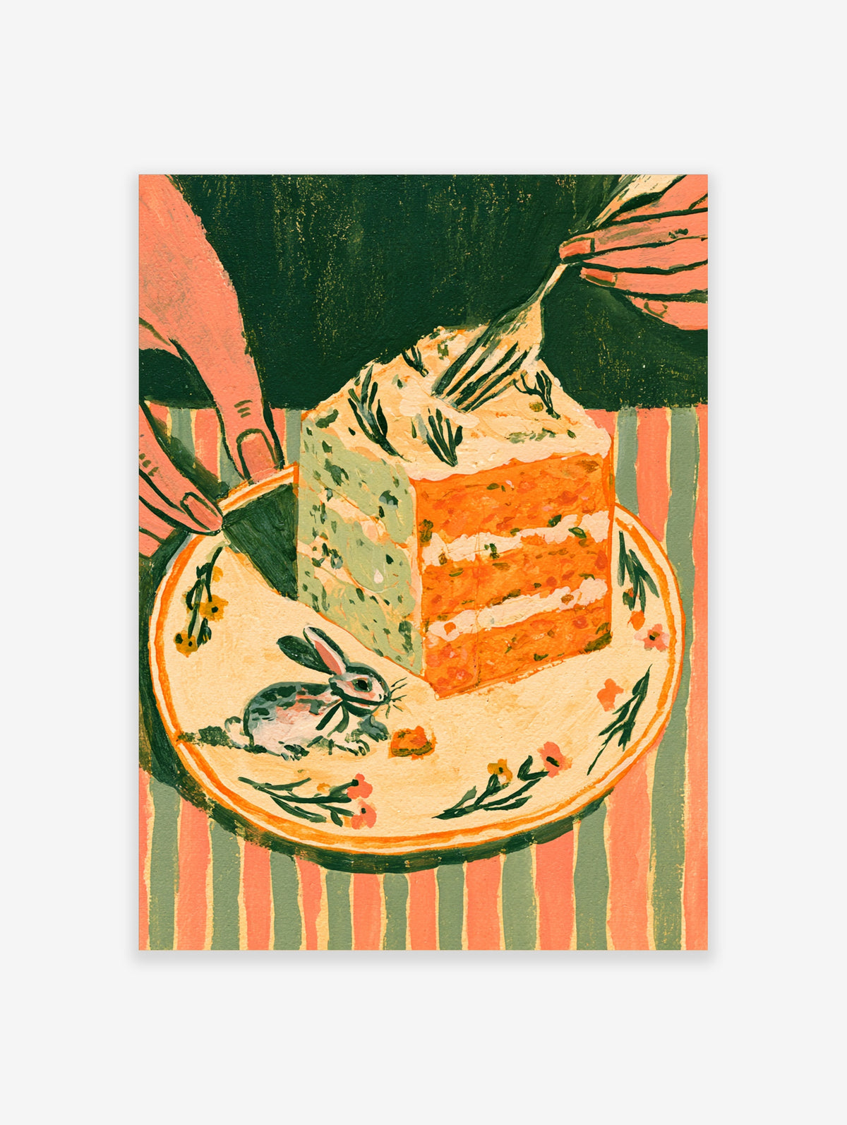 Carrot cake slice with rabbit on floral plate, hand holding fork, striped background illustration