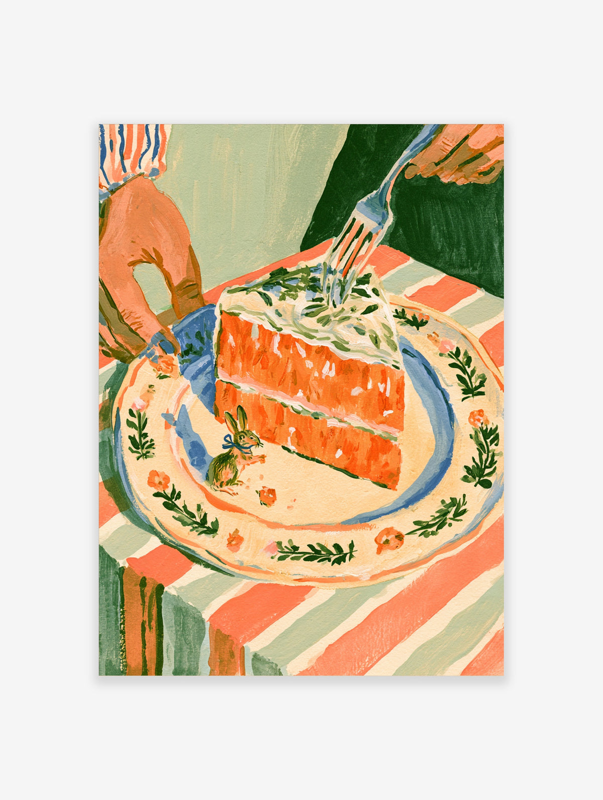 Carrot cake poster with rabbit plate, striped tablecloth, and hands holding a fork
