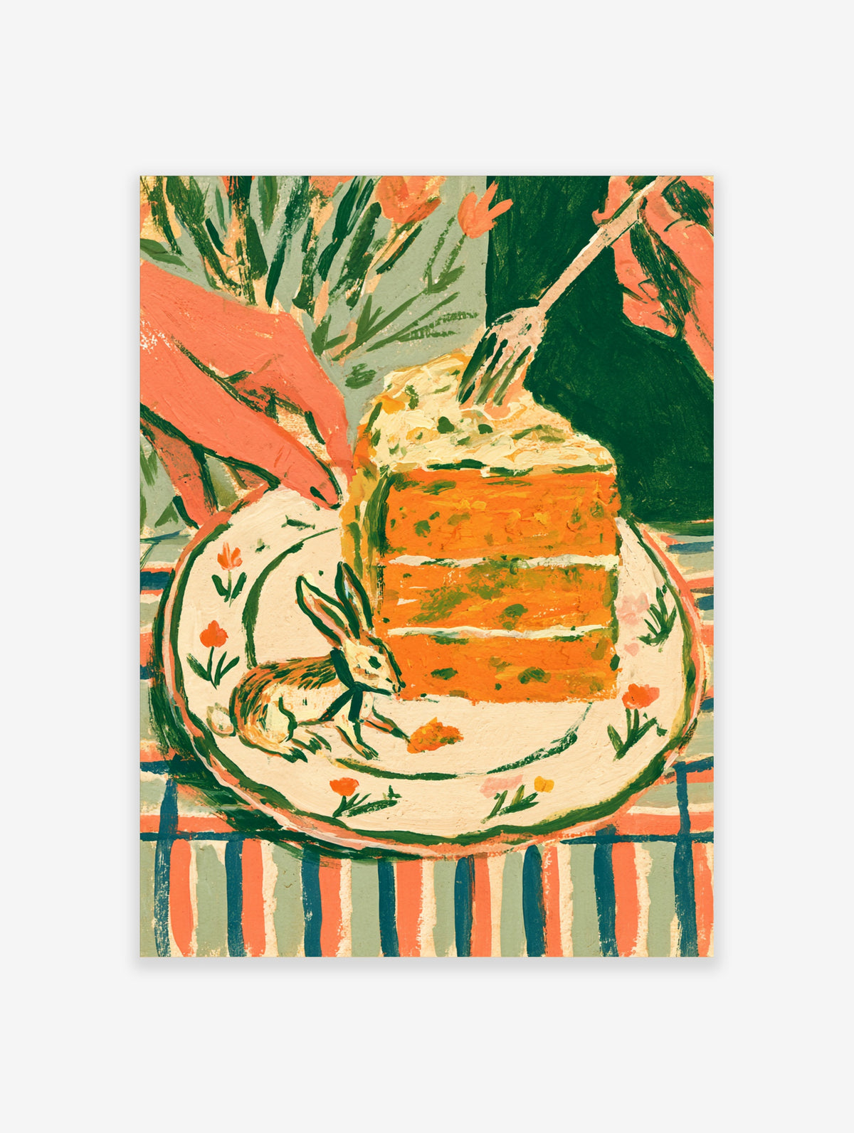 Carrot cake slice on bunny rabbit plate with fork, colourful food art print