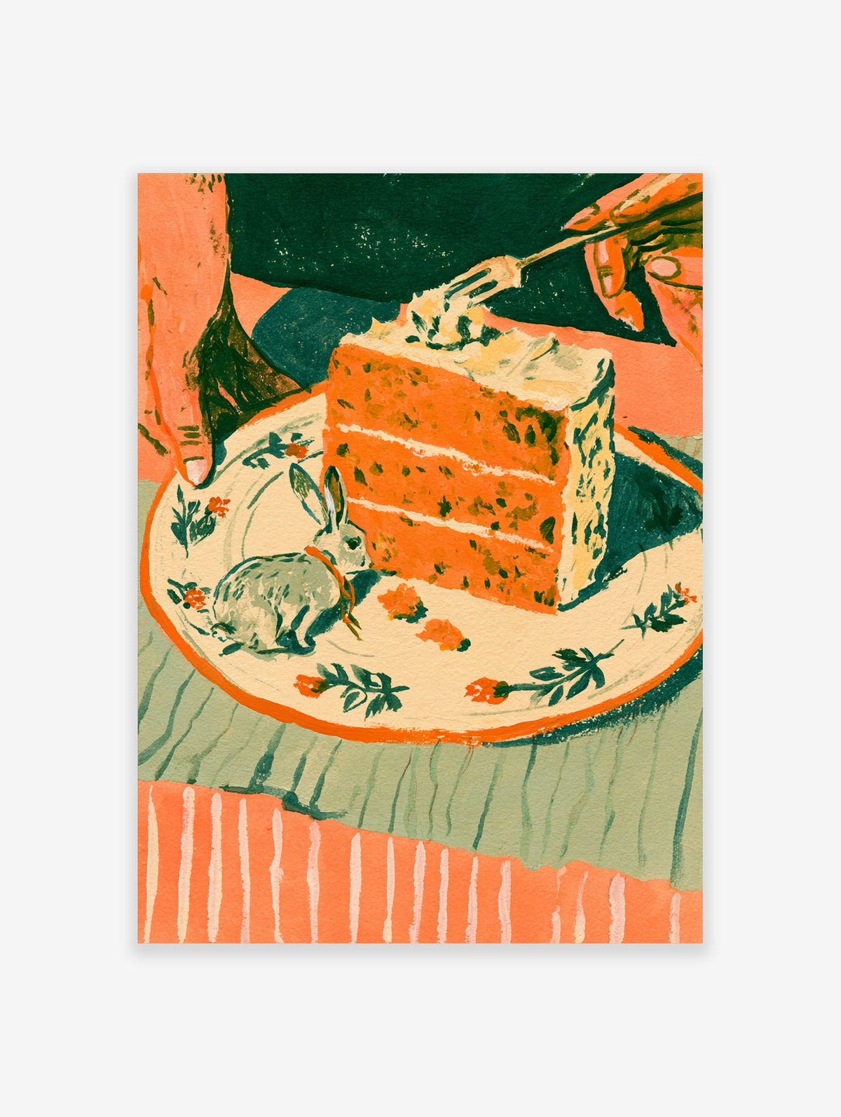Carrot cake slice on a floral plate with a grey rabbit and orange flowers, food illustration art print