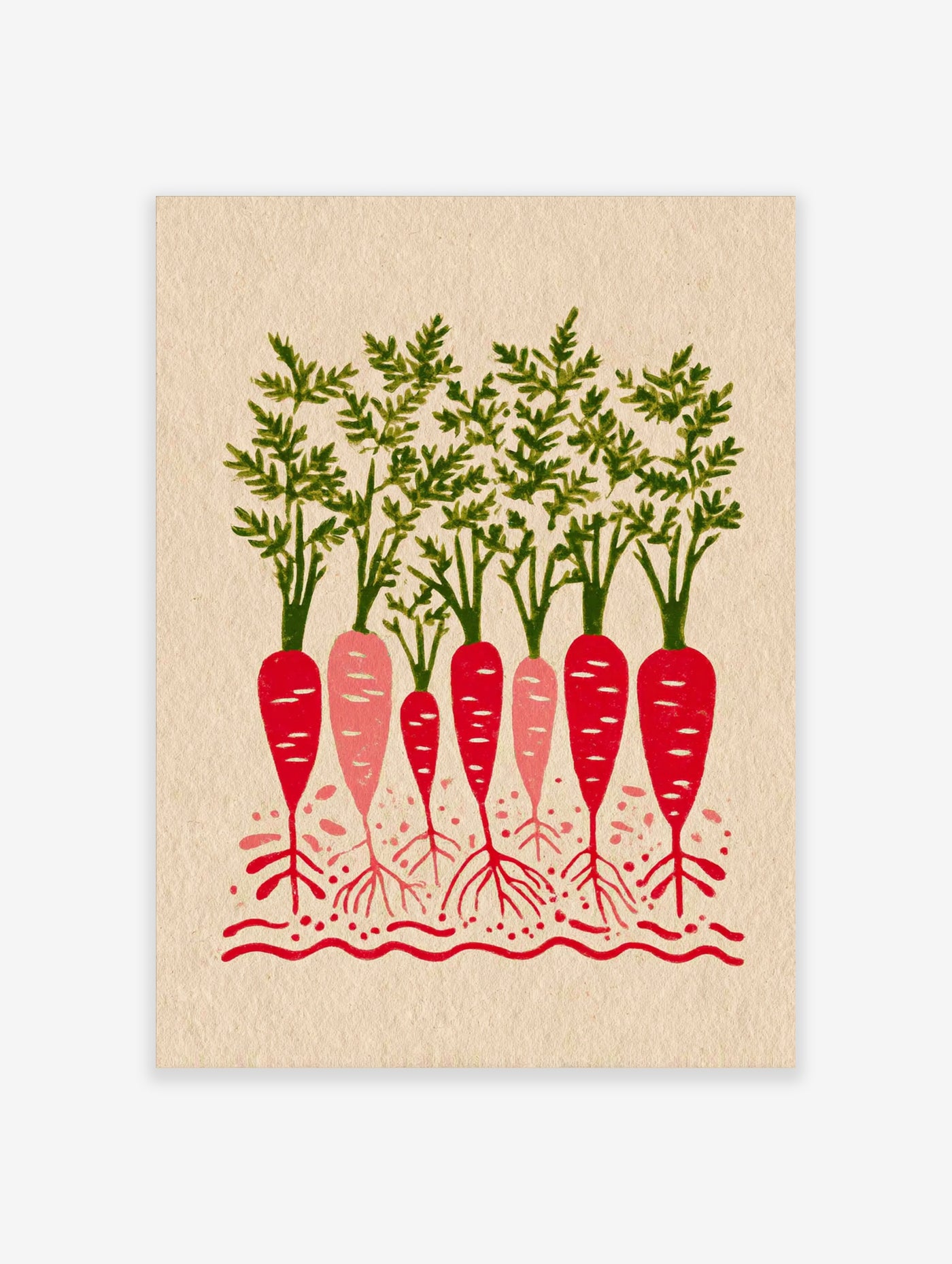 Red and pink carrots with green leaves in soil illustration on beige background