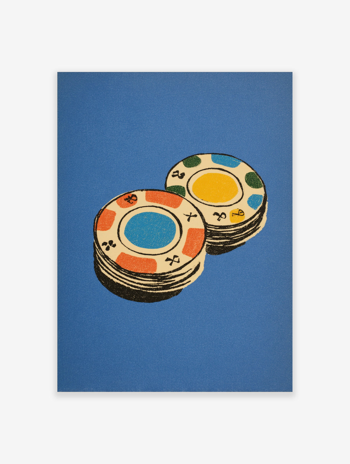 Retro casino chips art print with blue and orange poker chips on a blue background