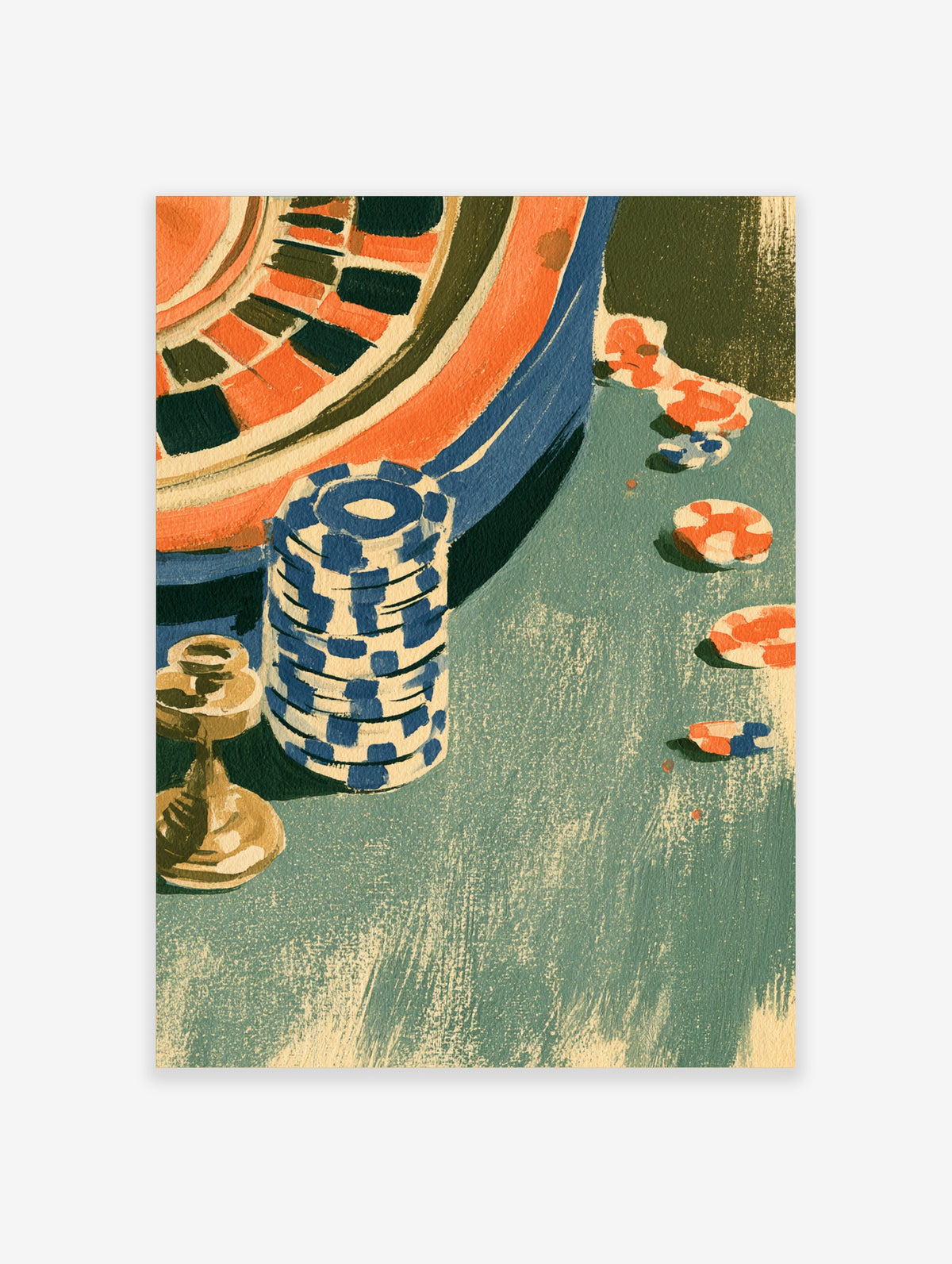 Retro casino roulette wheel art print with blue poker chips on green baize