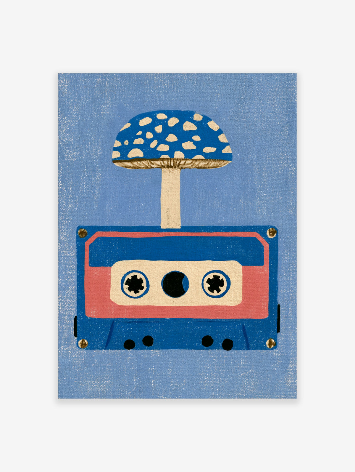 Retro illustration of an audio cassette tape with a blue spotted mushroom growing from it, set against a blue background