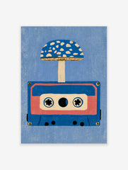 Retro illustration of an audio cassette tape with a blue spotted mushroom growing from it, set against a blue background