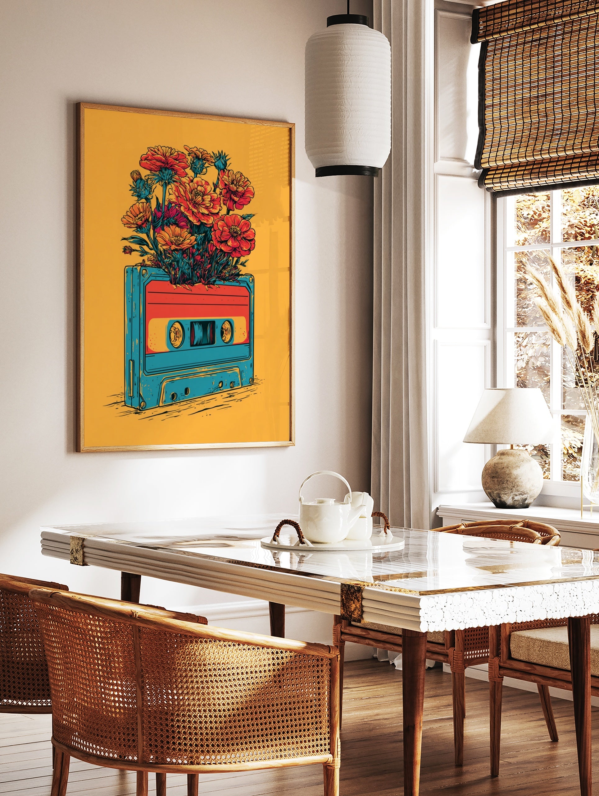 Retro cassette tape with vibrant orange and red flowers bursting from the top, illustrative art, in a styled room mockup