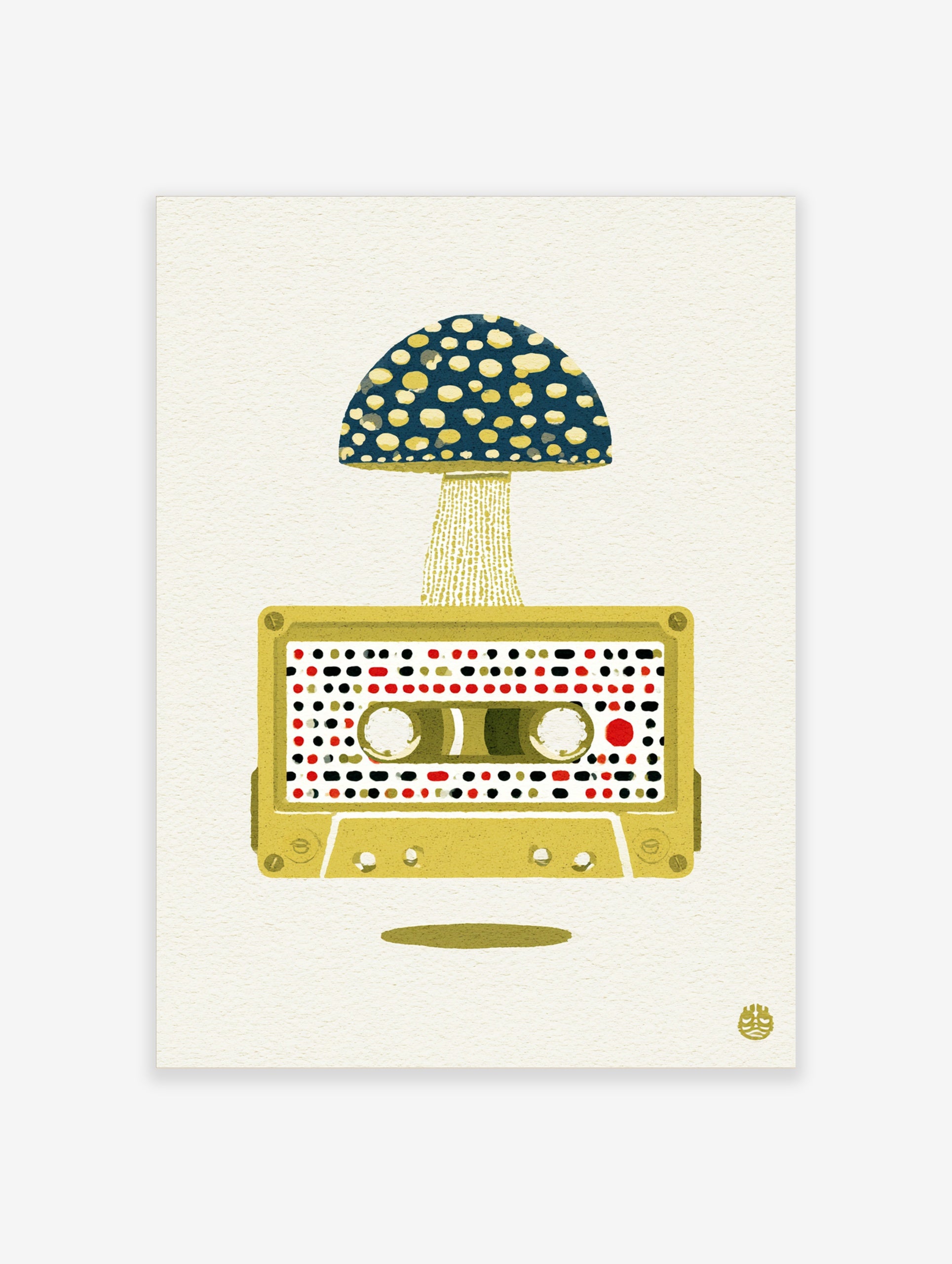 Retro cassette tape illustration with a large patterned mushroom cap growing out of it, yellow and blue colours