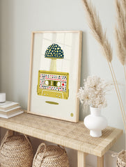 Retro cassette tape illustration with a large patterned mushroom cap growing out of it, in an alternate framed mockup