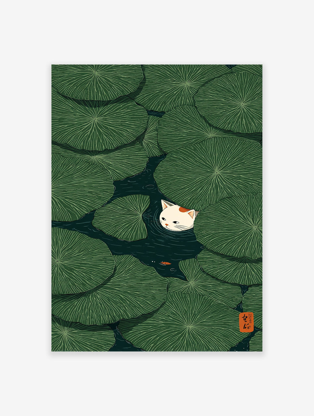 Cat & Lily Pad Poster featuring a white cat peeking from green lily pads in a dark pond with a small orange fish.