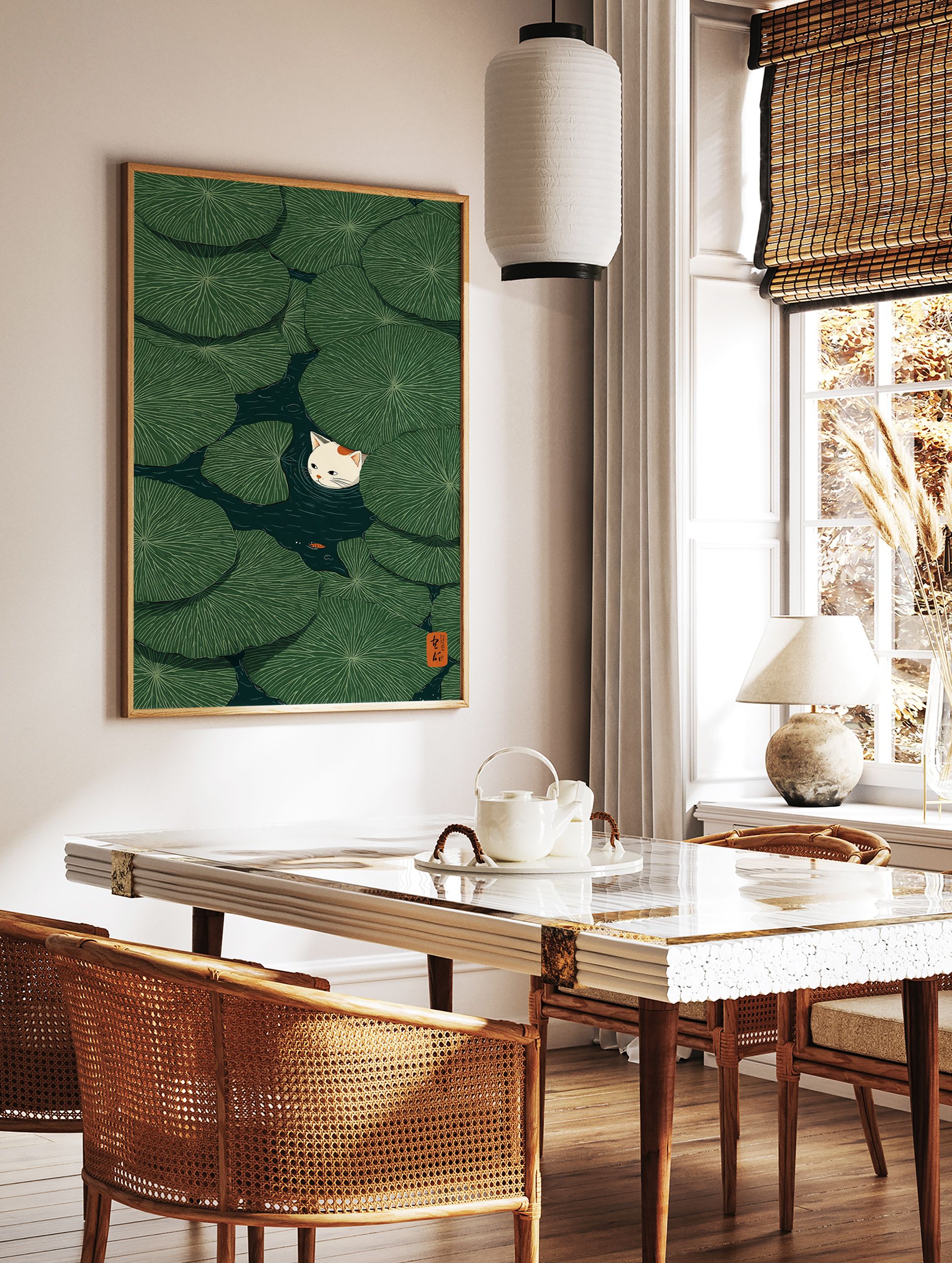 Cat & Lily Pad Poster featuring a white cat peeking from green lily pads in a dark pond with a small orange fish. - Image 2