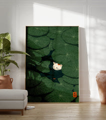 Cat & Lily Pad Poster featuring a white cat peeking from green lily pads in a dark pond with a small orange fish. - Image 3