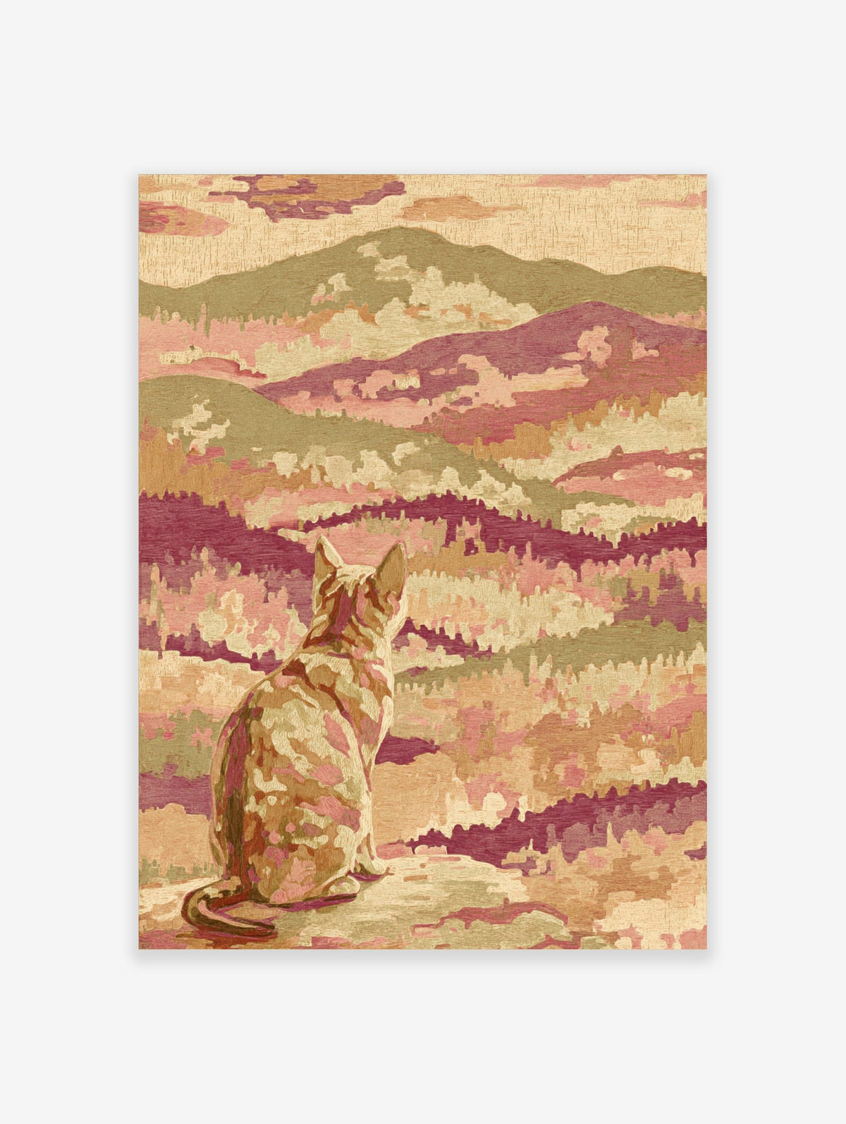 Stylised cat looking at a layered mountain landscape print with tapestry texture in pink, green, and earth tones
