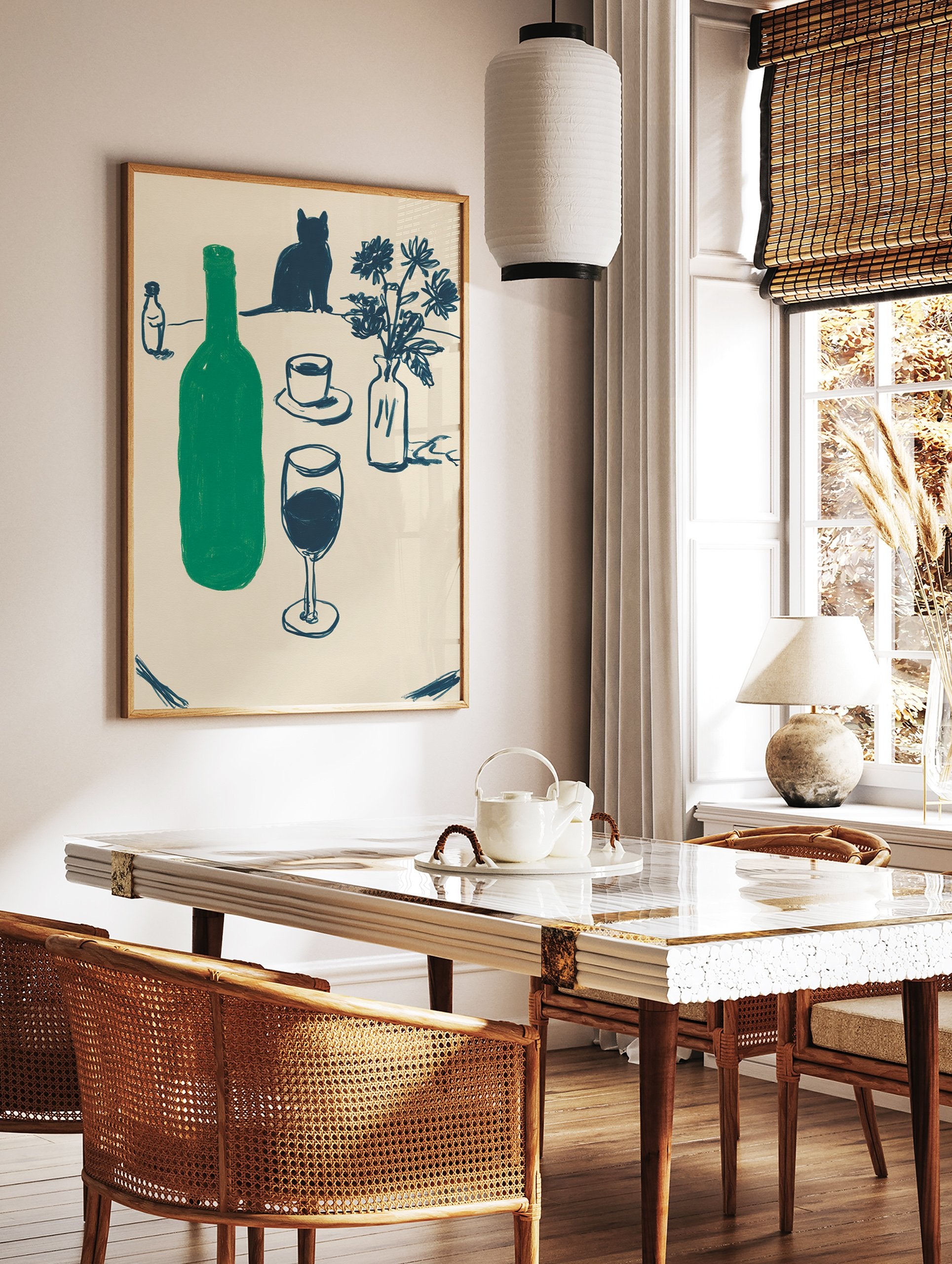 Minimalist Cat & Wine Still Life Wall Art featuring a green bottle, wine glass, cat silhouette, and blue flowers. - Image 2