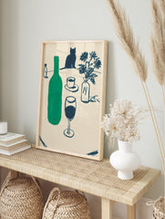 Minimalist Cat & Wine Still Life Wall Art featuring a green bottle, wine glass, cat silhouette, and blue flowers. - Image 3