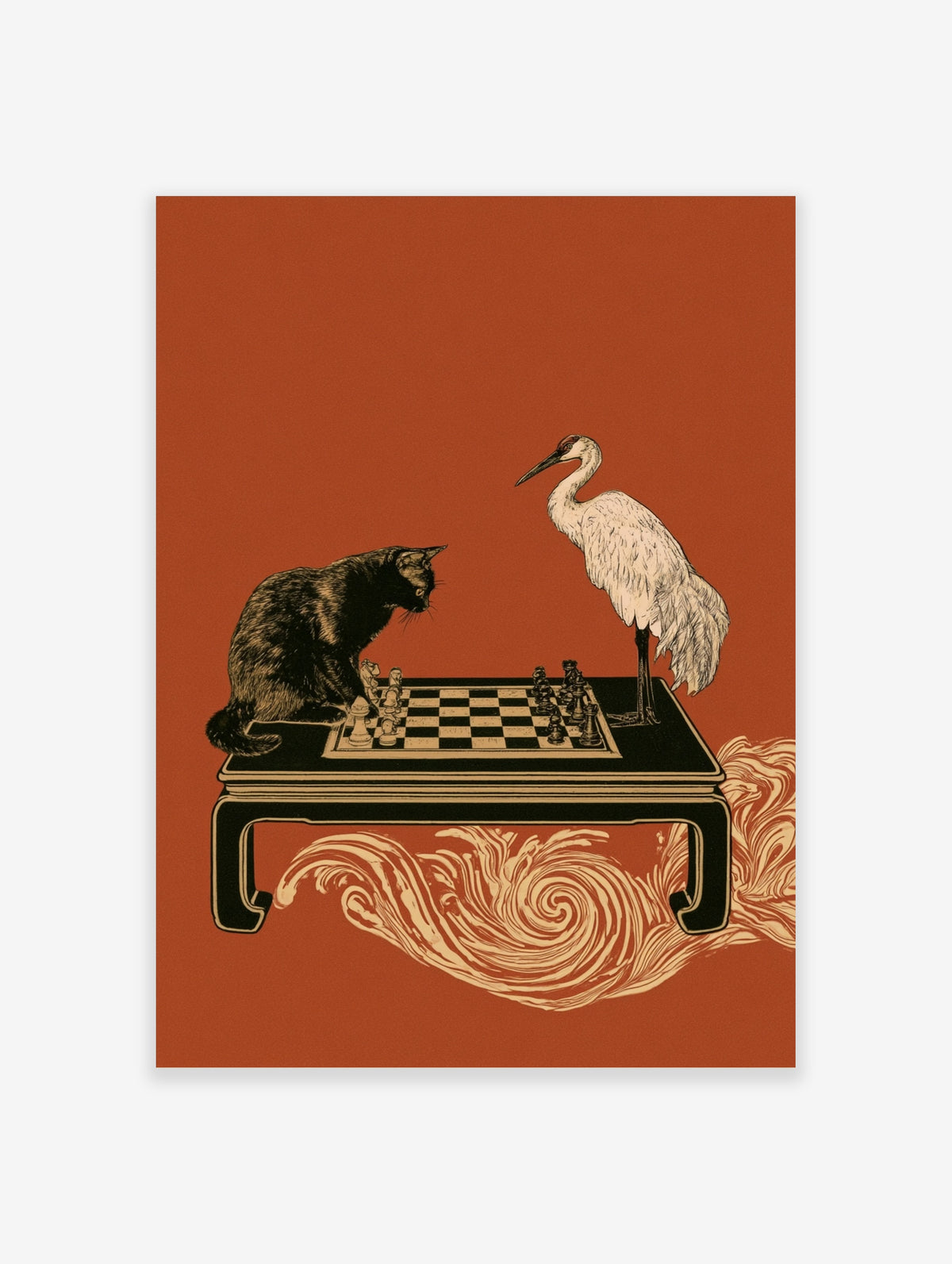 Surreal cat and crane playing chess on a low table with swirling waves, red background art print