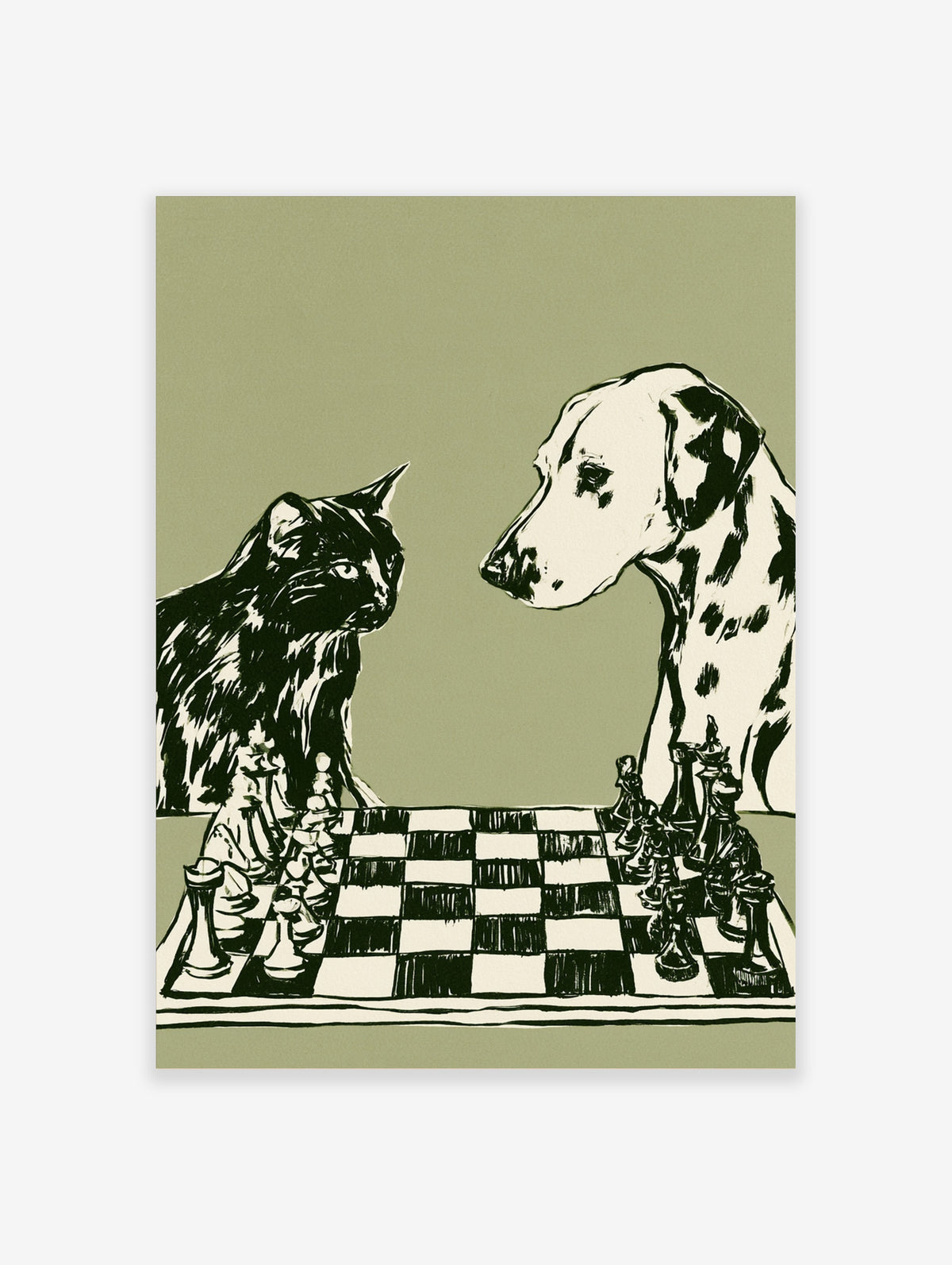 Black and white cat and dog playing chess poster with muted green background