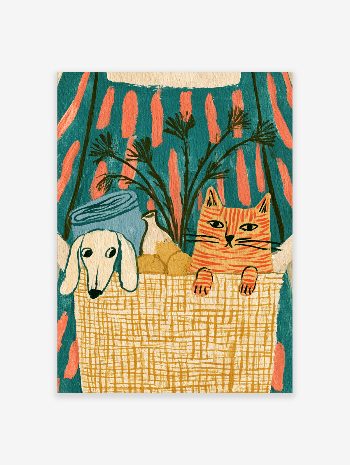 Quirky cat and dog poster with striped cat and white dog in a woven basket on teal background