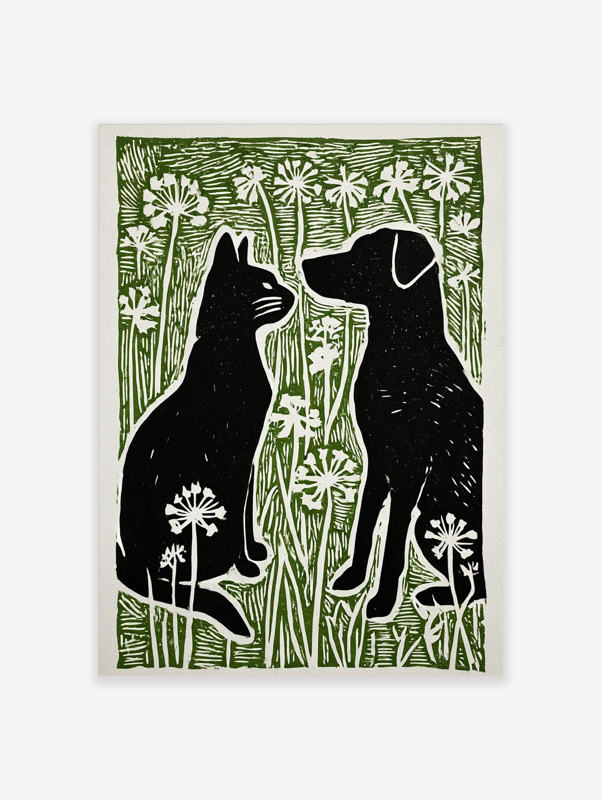 Black cat and dog silhouettes facing each other in green grass with white flowers, linocut style print