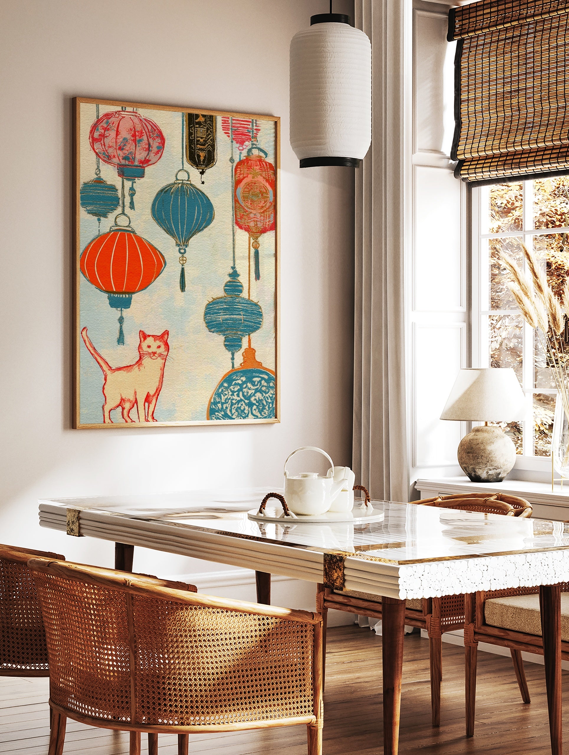 An orange cat stands below hanging red and blue paper lanterns in this vibrant, textured, in a styled room mockup