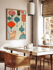 An orange cat stands below hanging red and blue paper lanterns in this vibrant, textured, in a styled room mockup
