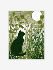 Green linocut print of a black cat silhouette in tall grass looking at a full moon