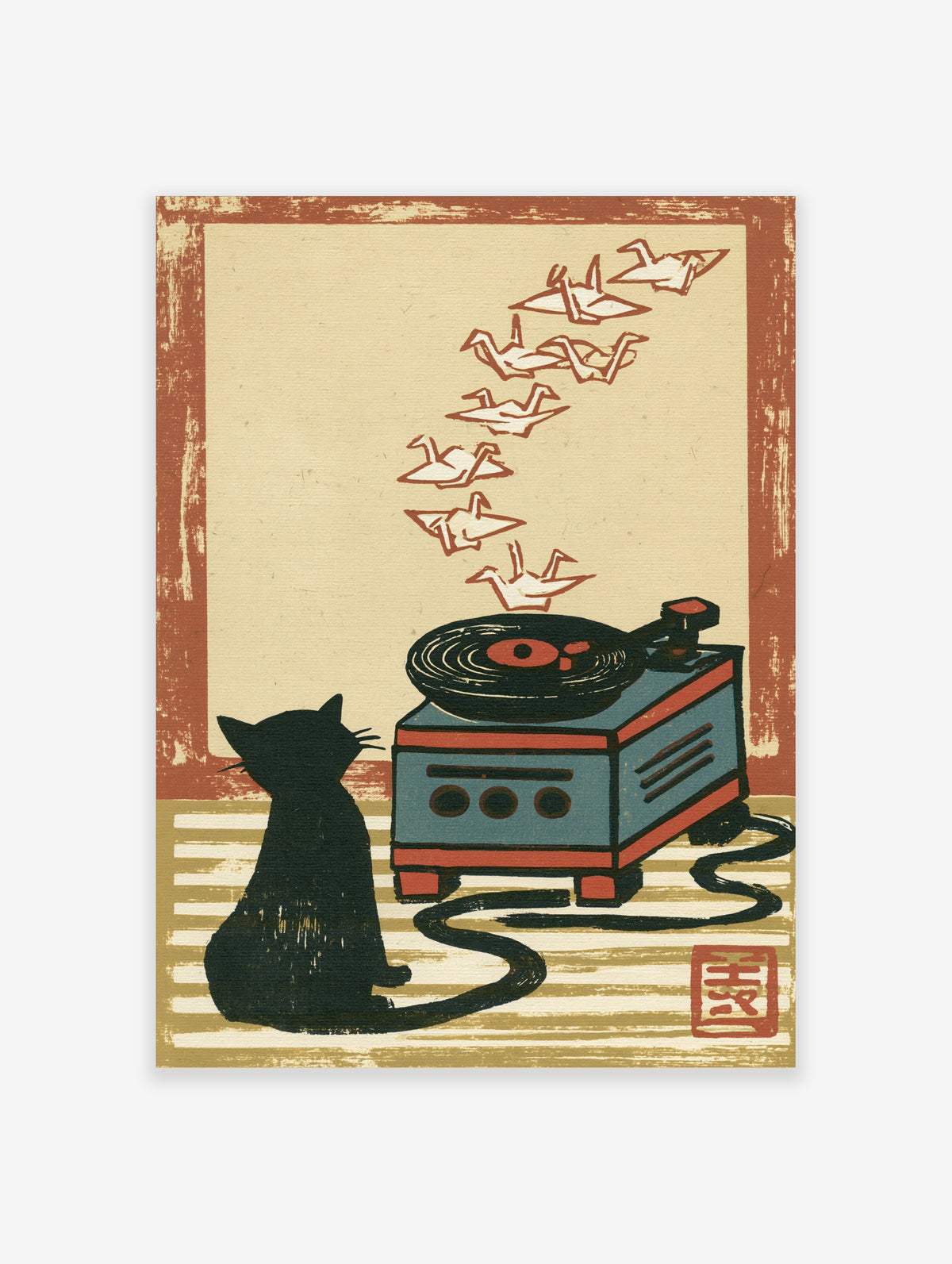 Black cat watching origami birds fly from a record player, retro illustration print