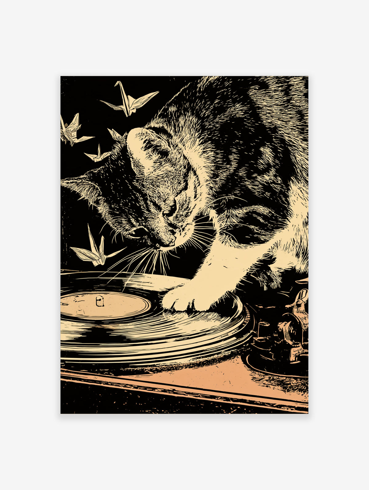 Cat with paw on record player, origami cranes flying, black and cream illustration