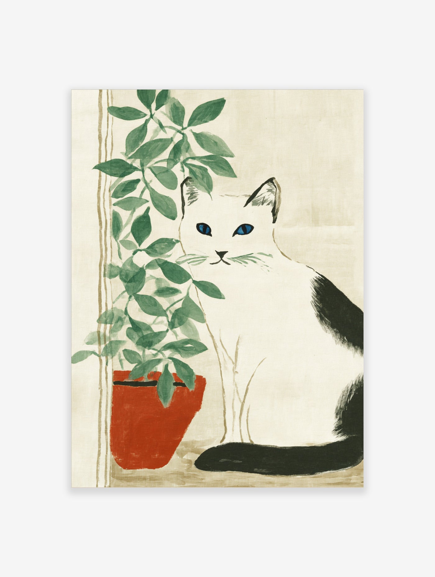 White cat with blue eyes next to potted green plant, minimal illustration on cream background