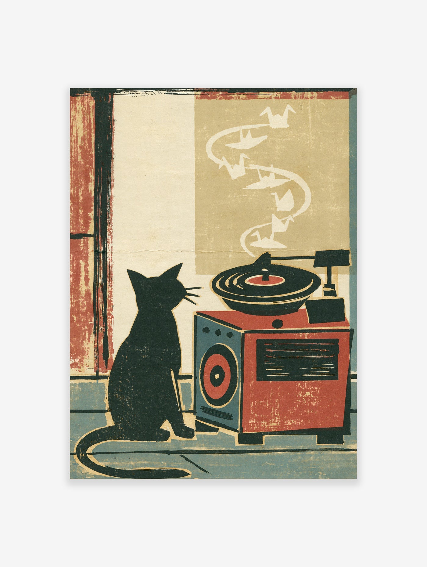 Cat and record player wall art with black cat, red gramophone, and white birds swirling from turntable