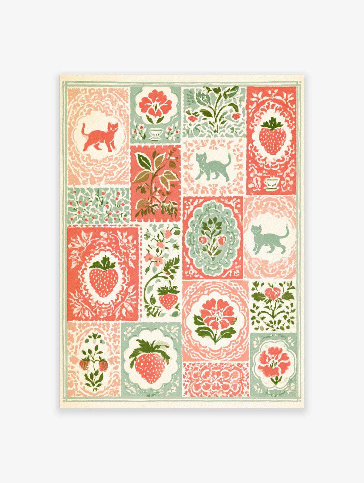 Patchwork poster with pink cats, red strawberries and green floral quilt blocks on cream background