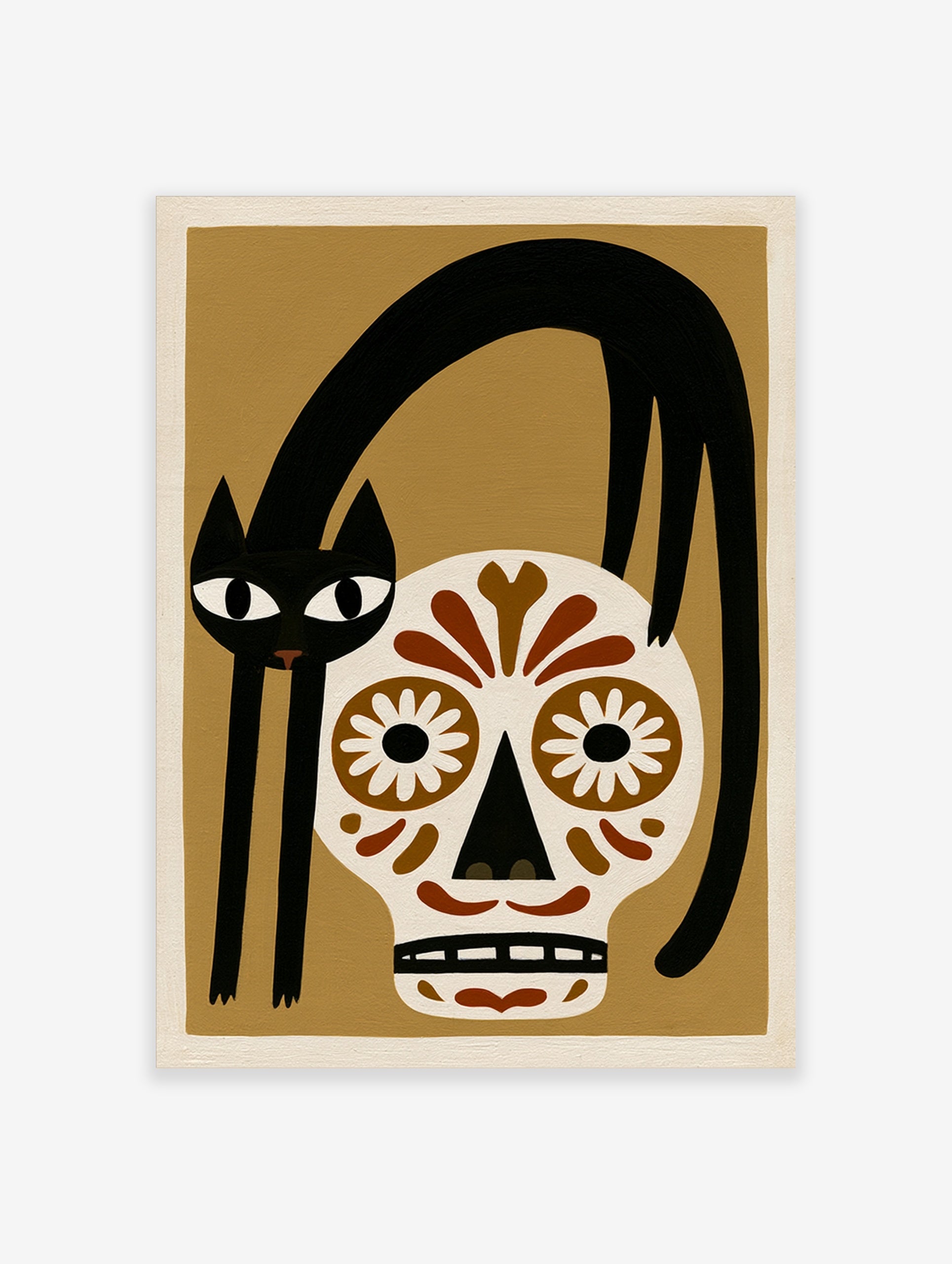 Illustrative wall art of a black cat arched over a brown and white sugar skull on a tan background