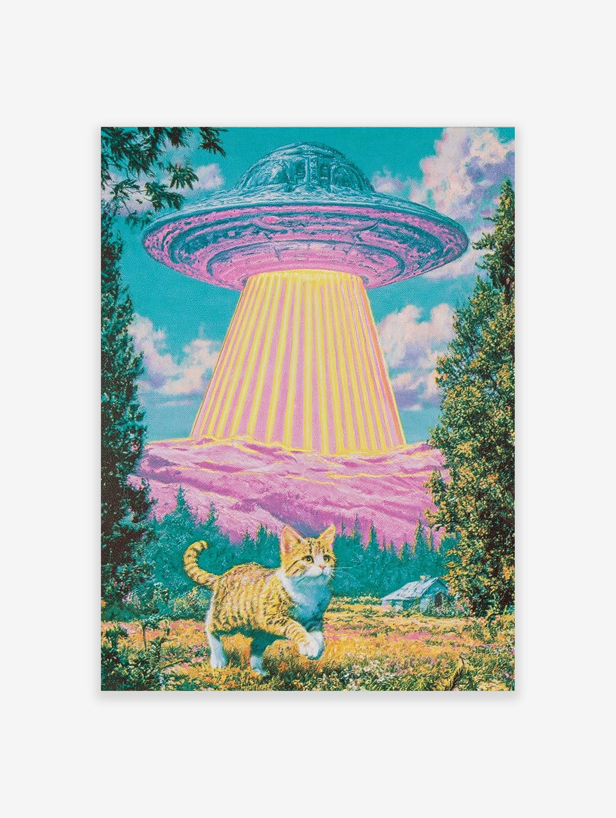 Surreal art print of a ginger cat standing in a meadow looking up at a glowing UFO above pink hills